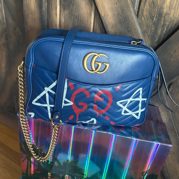 TRADED😍Gucci Rare GG Marking ghost Crossbody Chain Leather Bag Navy - Picture 9 of 14